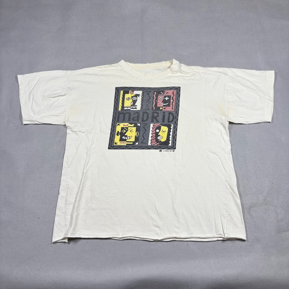 Vintage Clandestino Madrid Graphic T-Shirt Off White Distressed Art Print Mens